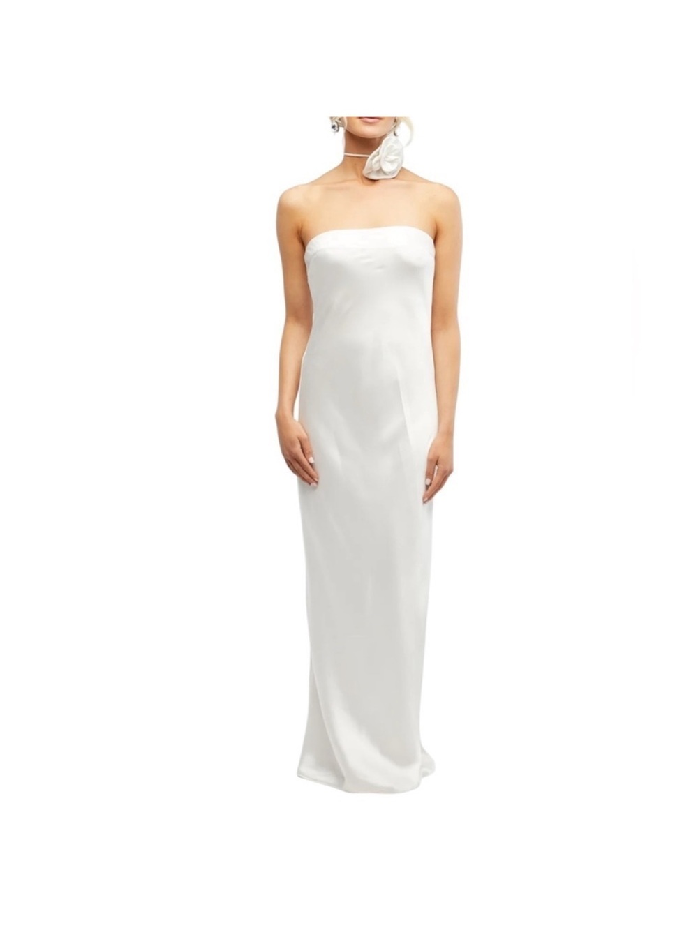 WeWoreWhat White Strapless Satin Midi Dress w/ Flower Necktie Size 14 NWT